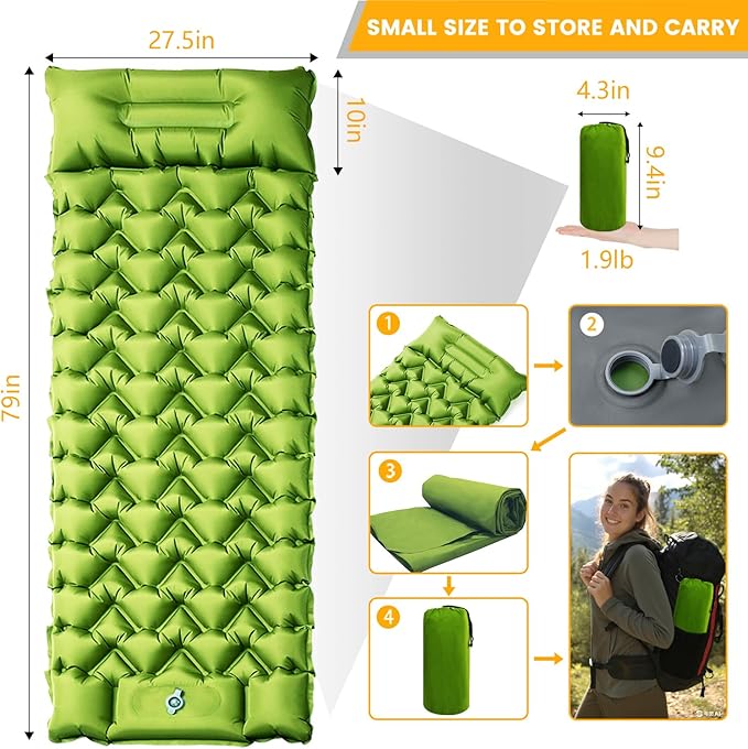 Ultralight Camping Sleeping Pad with Built-in Pillow & Foot Pump, Compact Inflatable Air Mattress for Backpacking, Hiking, Tent, Travel Camp & Outdoor Adventures