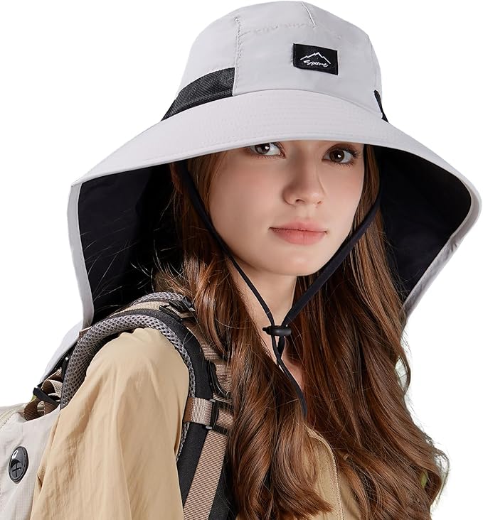 Rosoz Outdoor Sun Hat for Men Women, UPF50+ Protection Safari Cap Wide Brim Mesh Fishing Hat with Neck Flap Beach Garden