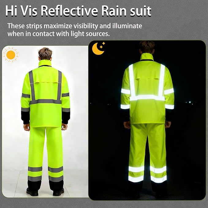 Hi Vis Class 3 Safety Rain Jacket for Men Waterproof, Reflective High Visibility Rain Gear Construction Rain Suit (Yellow-Black L/XL)
