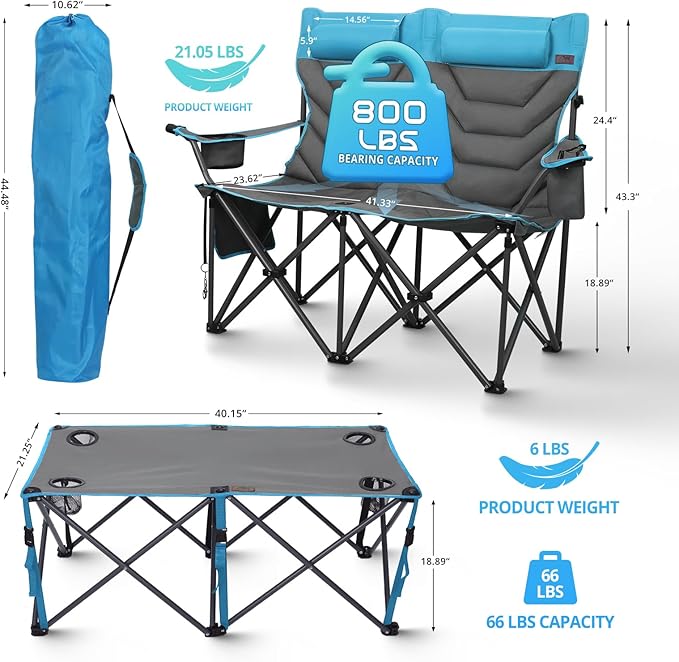 Oversized High-Back Camping Chairs with Pillow, Dual Cup Holders & Cooler Bag - Heavy Duty Foldable Outdoor Chair for Adults4PC (1, BLUEGREY-4PC-SET)
