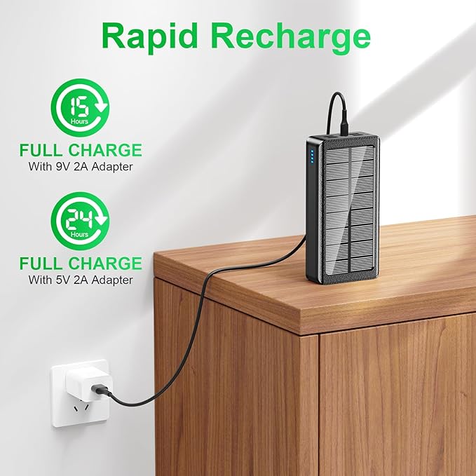 Solar Charger Power Bank 66800mAh Portable Charger with USB-C in/Output 22.5W QC3.0 Fast Charging 5 Out Ports Battery Pack Built-in 32 Led Flashlights for iPhone Samsung Tablet Camping