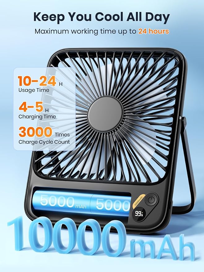 Warmco 10000mAh Portable Travel Fan 7-inch, [10-24H Runtime] Ultra-thin Digital Display Small Desk Battery Operated Fan for Camping, Office, Bedroom, Cruise Essentials 2025