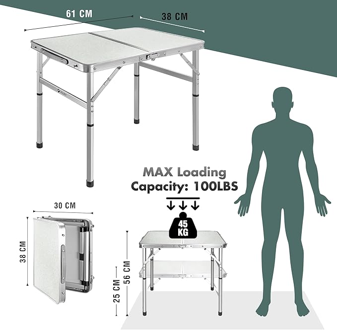 VILLEY Folding Camping Table, 2ft Small Portable Lightweight Outdoor Table with Aluminum Adjustable Legs for Travel Picnic Cooking Beach