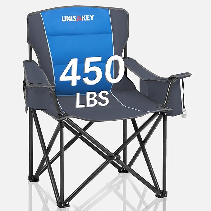 Oversized Folding Camping Chair for Adults - 450lbs Support - Heavy Duty Portable Lawn Chairs with Side Pocket Cup Holder Cooler Bag for Sports Garden Beach Fishing, Blue