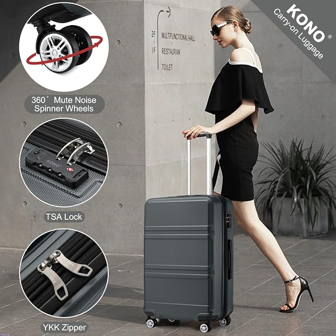 Kono 28 Inch Luggage Expandable Suitcase Lightweight with Spinner Wheels TSA Lock Hardside Large Checked Luggage Durable Rolling Suitcase Grey