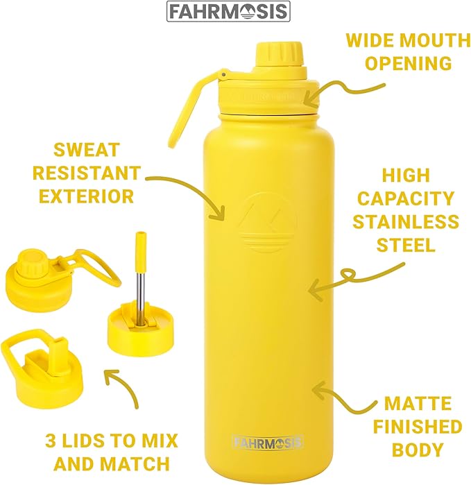 40 Oz Water Bottle with Straw Stainless Steel Sports Water Bottle with 3 Lids (Straw, Chug and Flip Lid) Insulated Leak Proof Metal Jug for Men & Women - Yellow