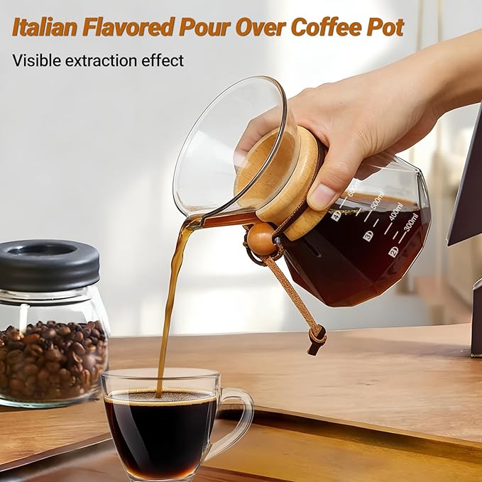Coffee Pour Over 20.3oz 600ml High Borosilicate Glass Pour Over Coffee Maker Set Camping with Reusable 304 Stainless Steel Filter Hand Brew Carafe Drip Suitable for Electric Ceramic Stove