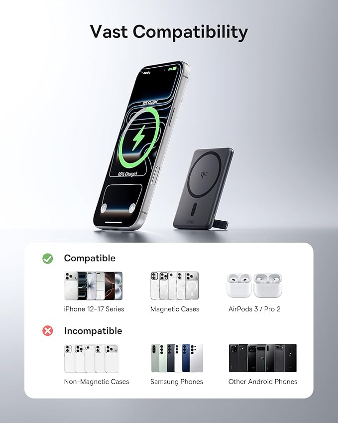 Baseus Picogo Power Bank, Smallest Qi2 Certified 15W MagSafe Portable Charger, 0.5" Ultra Slim 5000mAh Magnetic Battery Pack with Stand, Alloy Wireless Charger for iPhone 17 Pro Max/17 Air/16 Series
