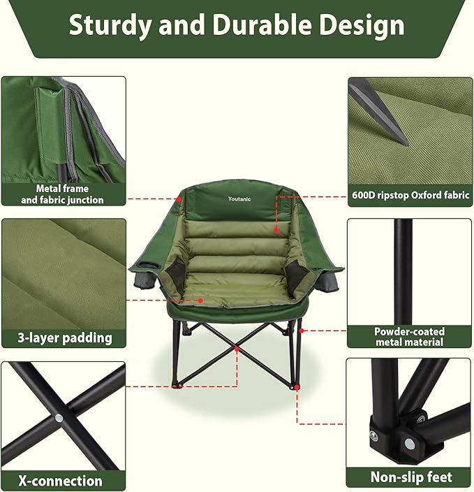 Oversized Camping Chair, Portable Folding Camping Chairs with Side Pocket, Cup Holder and Carry Bag, Heavy Duty Outdoor Camping Chairs for Adults, Fishing, Sports, Trip, up to 400lbs, Style 2