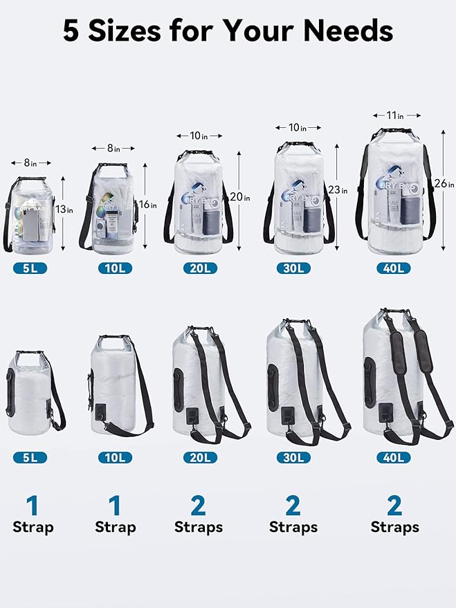 HEETA Dry Bag Waterproof for Women Men, 5L/10L/20L/30L/40L Roll Top Lightweight Dry Storage Bag Backpack with Phone Case for Travel Swimming Boating Kayaking Paddle Board Camping Beach Accessories