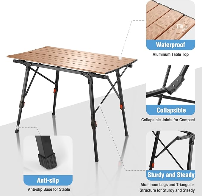 VILLEY Portable Camping Table with Adjustable Legs, Lightweight Aluminum Folding Beach Table with Carrying Bag for Outdoor Cooking, Picnic, Beach, Backyards, BBQ and Party