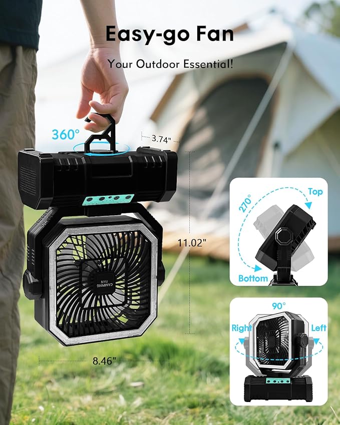 Camping Fan with Bluetooth Speaker Portable Fan,20000mAh Rechargeable Battery Powered Fans,Quiet 4-Speeds, 4-LED Light,360° Hanging Hook for Outdoor Picnic Tent Beach Travel Barbecue, Black