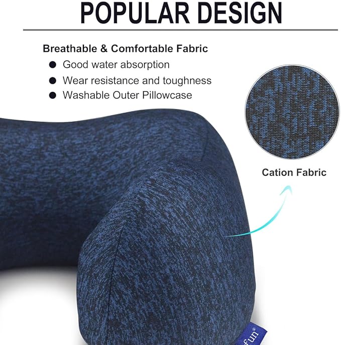napfun Neck Pillow for Traveling, Upgraded Travel Neck Pillow for Airplane 100% Pure Memory Foam Travel Pillow for Flight Headrest Sleep, Portable Plane Accessories, Full Dark Blue, Medium (120-200LB)