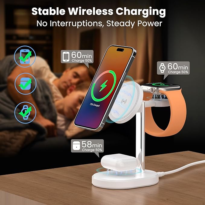 3 in 1 Wireless Charging Station,Detachable Apple Watch Charger & 15W Charger Stand for MagSafe for iPhone, Wireless Charger for Multiple Devices iPhone 16/15/14/13&Watch&AirPods（Purple）