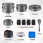 27pcs Camping Cookware Mess Kit for 2-4 People, Portable Cookware Set with Kettle, Pots & Pans, Stainless Steel Utensils, Plates, Dishware for Backpacking, Picnic, Outdoor Adventures