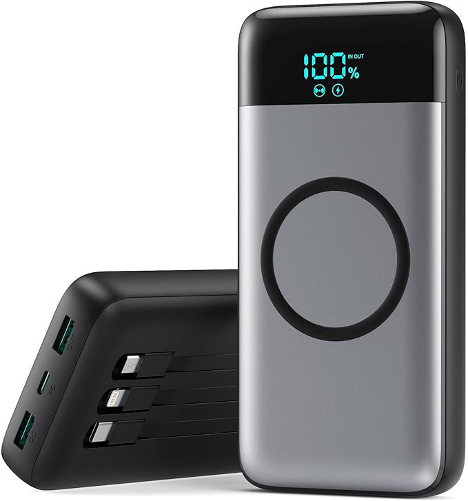 Wireless Portable Charger 40800mAh for iPhone with 3 Built-in Cables,7-in-1 15W Wireless Charging USB C Power Bank,LCD Display 25W PD QC 4.0 Fast Charging Battery Pack for iPhone 16/15/14,Android etc