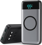 Wireless Portable Charger 40800mAh for iPhone with 3 Built-in Cables,7-in-1 15W Wireless Charging USB C Power Bank,LCD Display 25W PD QC 4.0 Fast Charging Battery Pack for iPhone 16/15/14,Android etc