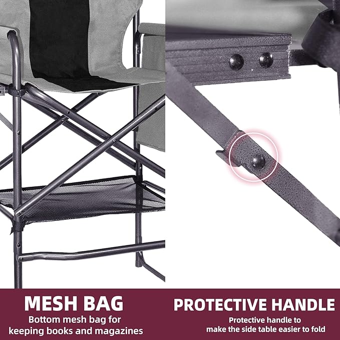 30" Tall Directors Chair with Side Table, 400LBS Bar Height Folding Camping Chair for Makeup Artists, Outdoor Events, Portable Foldable Chair with Cup Holder & footrest - Gray/Black