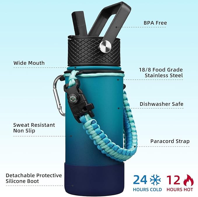 BJPKPK Water Bottle with Straw Lid, 18oz Insulated Water Bottles with 3 Lids, Paracord Handle & Non-slip Boot, Metal Stainless Steel Thermo, BPA Free Leak Proof Cups, Tumblers,Vast