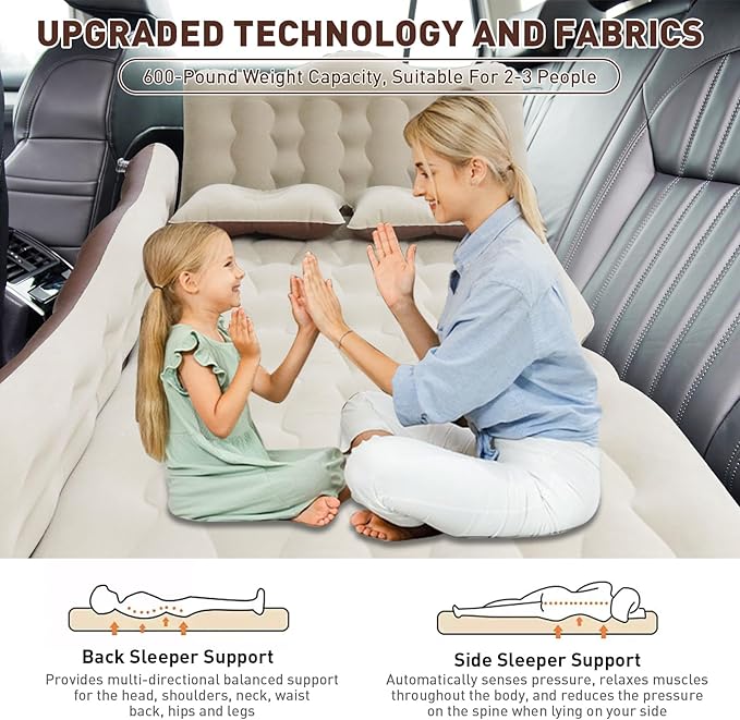 ISWEES Car Bed SUV Air Mattress, Car Air Mattress with Electric Pump, 2 Inflatable Pillows and 2 Footrests for Back Seat, Side Seat,Trunk Sleeping, Thickened Camping Bed - Brown