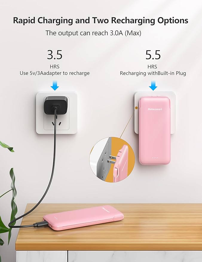 Portable Charger Power Bank with Built-in Cable & AC Plug, 10000mAh Fast USB-C Charger, Slim Mini Battery for iPhone 16/15/14/13/Pro/Max & All USB-C Devices