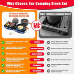 Portable 2 Burner Camping Stove Set with Cookware, Outdoor Cooking Kit Includes Outdoor Folding Gas Stove, Frying Pan, Griddle, Kettle, Pot, and Carry Bag, For Propane & Butane, 20,000 BTU/h