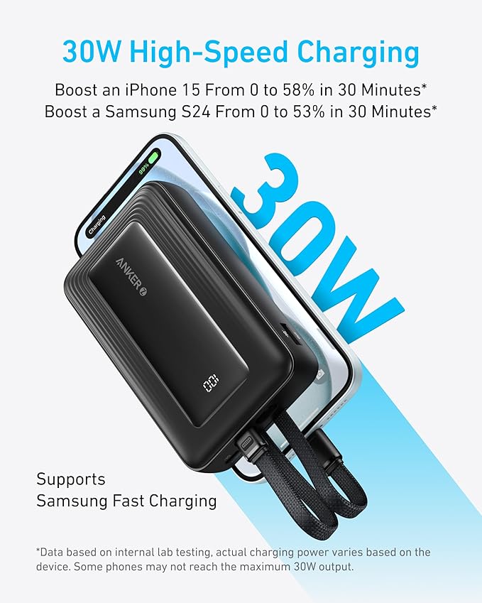 Anker Power Bank, 20,000mAh 30W Max Fast Portable Charger with Built-in USB-C and MFi Certified Lightning Cables, USB-C&A, Battery Pack for iPhone 17/16/15/14 Series, MacBook, Galaxy