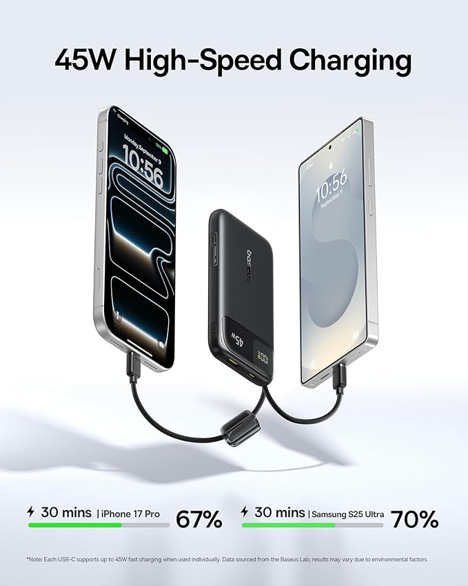 Baseus 45W Ultra Slim 10000mAh Power Bank Built-in USB-C Cables Bundle with 10,000mAh 30W Magnetic Portable Charger, Fast Charging Wireless Battery Pack with Built-in Braided USB-C Cable