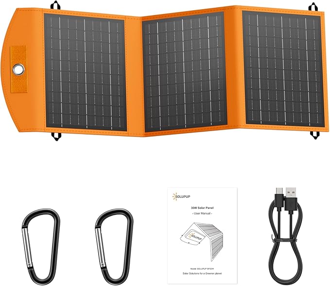 Solar Panels 30W Portable Foldable Solar Charger with 5V USB-A and USB-C Fast Charging Compatible with iPhone, iPad, Samsung, Power Banks, IPX5 Waterproof Perfect for Camping, Hiking, Outdoor