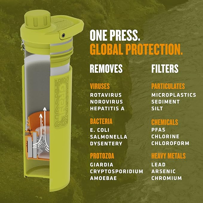 GRAYL UltraPress Water Purifier & Filter Bottle for Hiking, Backpacking, and Travel (Forager Moss)