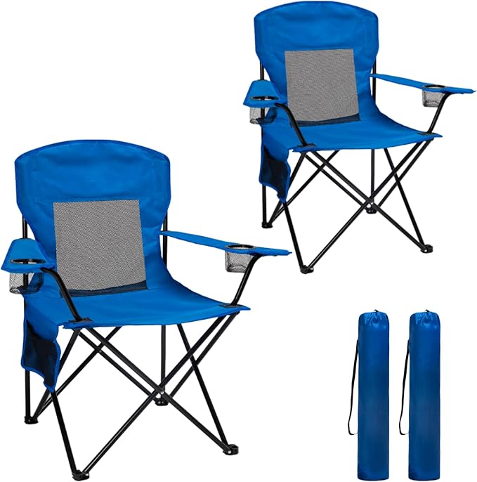 Outdoor Camping Chairs Set of 2, Folding Portable Foldable Lawn Chair Support 300lbs with Cooling Mesh Backrest, 2 Cup Holder, Side Pocket for Concert, Carry Bag for Sports(Blue Mesh,2 Pack)