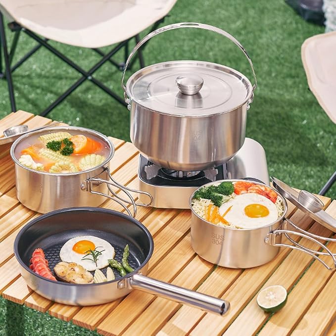 304 Stainless Steel Camping Cookware Set, Pots and Pans for Campfire Cooking, Includes Travel Tote Bag for 4-6 People