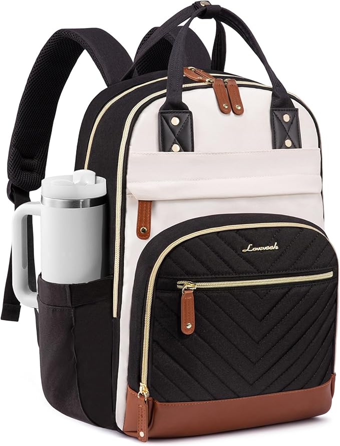 LOVEVOOK Laptop Backpack Women with Giant Tumbler Holder,18 inch Waterproof Work Travel Backpack Computer Laptop Bag,Cute College Nurse Teacher Backpack Purse,Gifts for Women & Men,Beige-Black-Brown