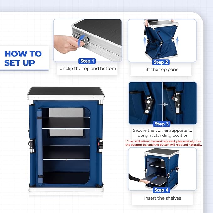 EAGLE PEAK Outdoor Folding Camping Table with Large 3-Tier Storage Organizer and Side Pockets, Easy Set Up Portable Aluminum Camping Kitchen, Blue