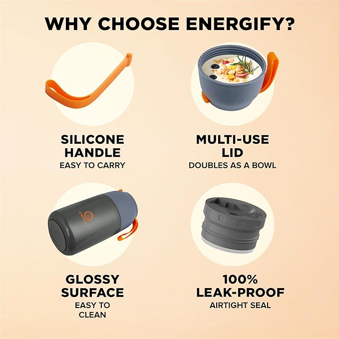 ENERGIFY Vacuum Insulated Food Jar. Large 24oz Bowl incl. Folding Spoon, Cup. Wide Mouth Keep Hot & Cold Drinks Soup Lunch Container for Adults. BPA-Free Stainless Steel, Leak Proof Grey