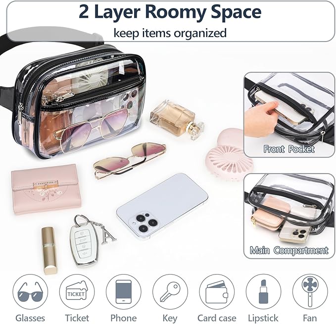 Packism Clear Fanny Pack Stadium Approved - Plus Size 35-51 inches Adjustable Strap Clear Belt Bag for Women Men Transparent Waist Bag for Concerts, Sporting Events, Black
