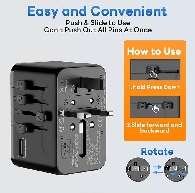 Universal Travel Adapter - 45W International Power Adapter with PD Fast Charging, All-in-One Travel Essentials Plug Adapter for USA to European UK AUS India, Type C/G/D/I/A