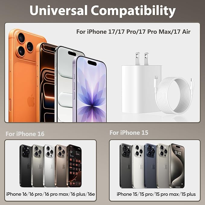 Phone 17 16 15 Charger Fast Charging, 6.6 FT Long USB C Charger Cord with 20W Type C Fast Phone Charging Block forPhone 17/17 Pro/17 Pro max/Air/Phone 16 15 Pro Max Plus, iPad, Android,White