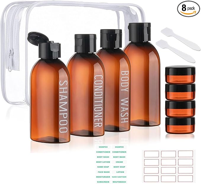 Travel Bottles for Toiletries 8 Pack 3.4oz TSA Approved Travel Size Containers Leak Proof Plastic 0.35oz Small Cream Jars Refillable Toiletry Bottles for Shampoo Conditioner Lotion(Brown)