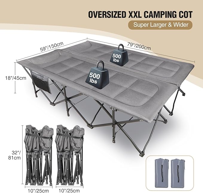 REDCAMP 2 Person Extra Wide Camping Cots for Adults 500lbs, 59" W Oversized Heavy Duty Sleeping Cots, XXXL Cots Portable for Indoor Office Outdoor, Grey