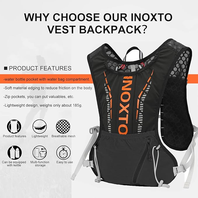 INOXTO Hydration Vest Backpack,Lightweight Water Running Vest Pack with 1.5L Water Bladder Bag Daypack for Hiking Trail Running Cycling Race Marathon for Women Men