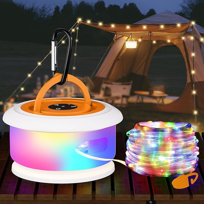 Camping String Lights, Retractable 32.8ft RGB Flash Lamp, Rechargeable Fairy LED Rope Lights Outdoor Waterproof, Portable Hanging Lantern for Outside Tent Patio Awning Garden RV Essentials