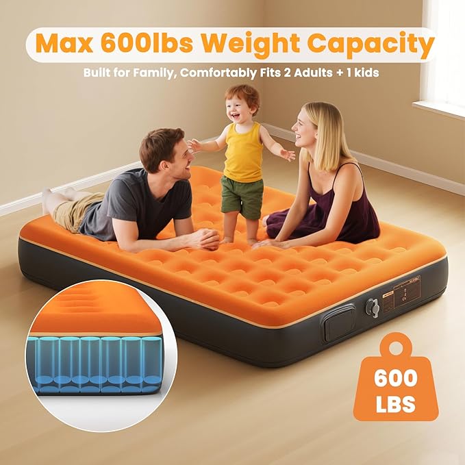 Queen Air Mattress with Built-in USB Rechargeable Pump, 10’’ Blow up Mattress for Adults, 600 LBS Portable Air Bed,Camping Inflatable Mattress for Guest, Camping, Home & Travel, Carry Bag Included