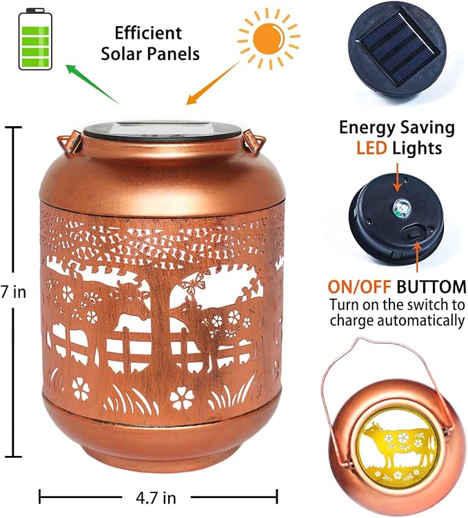 Cow Solar Lanterns Outdoor Waterproof Hanging Solar Lights Cow Gifts for Women Men Mom Metal Decorative LED Outdoor Lanterns for Patio, Lawn, Landscape, Garden Decor, Yard Decorations
