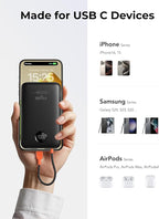 Slim Portable Charger 10000mAh, Travel Power Bank with Built-in USB-C Cable & LED Display, 22.5W Fast Charging Battery Pack Compatible with iPhone 16 15 Samsung S24 S23 -Black