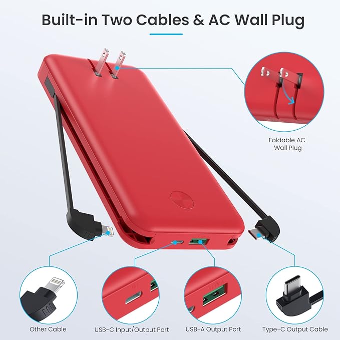 Portable Charger with Built-in Cables & AC Wall Plug,Ultra Slim 13800mAh USB-C Power Bank, 4 Output 2 Input LCD Display External Battery Pack Phone Charger Compatible with iPhone Samsung Android -Red