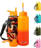 40 Oz Water Bottle with Strap Stainless Steel Sports Water Bottle with 3 Lids (Straw, Chug and Flip Lid) Insulated Leak Proof Metal Jug for Men & Women - Orange Fusion (Pattern)