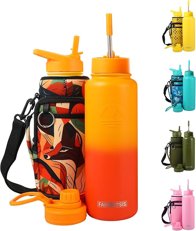 40 Oz Water Bottle with Strap Stainless Steel Sports Water Bottle with 3 Lids (Straw, Chug and Flip Lid) Insulated Leak Proof Metal Jug for Men & Women - Orange Fusion (Pattern)