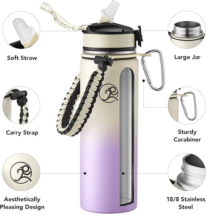 GOSWAG Insulated Sports Water Bottle, 24oz 2 Lids(with Straw/No Straw), Stainless Steel Water Bottles with Paracord Handle, Insulated Bottle with Double-Wall Vacuum Insulation