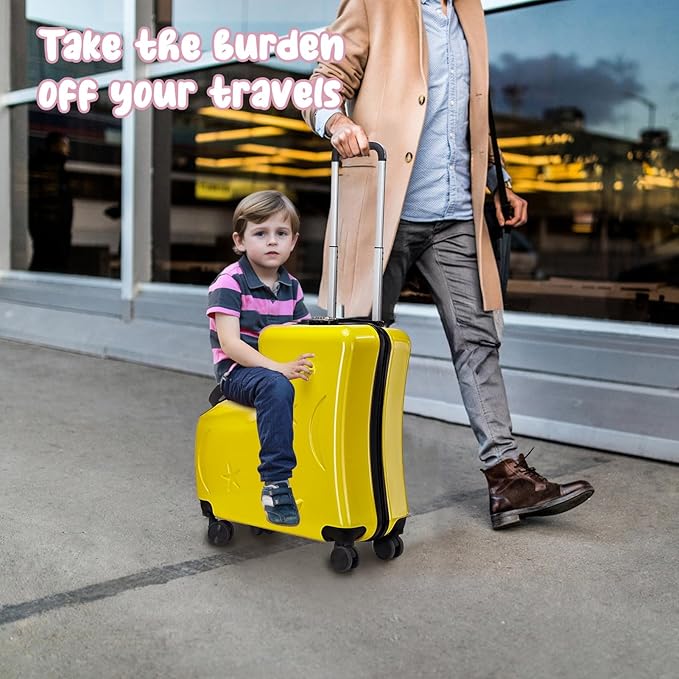 Kids Ride On Suitcase with Wheels, Scooter Luggage for Toddlers Travel, Durable Children's Suitcase for Boys & Girls Ages 2-15 Years Yellow